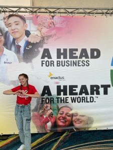 Jillian proudly sporting her SDG 1: No Poverty tee-shirt at Enactus World Cup 2022 in Puerto Rico